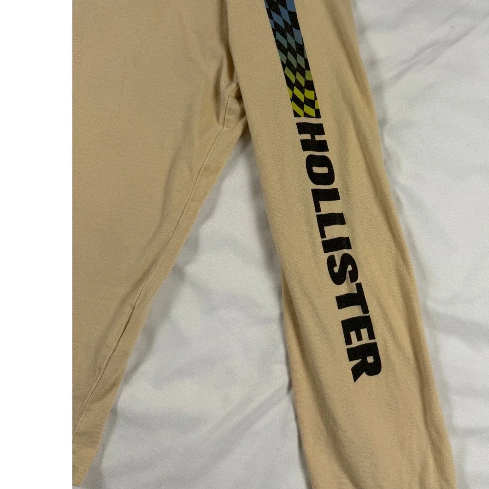 Hollister L Tan Long Sleeve Graphic Tee | Retro Spiral Logo Curved Hem Skater - Picture 2 of 9